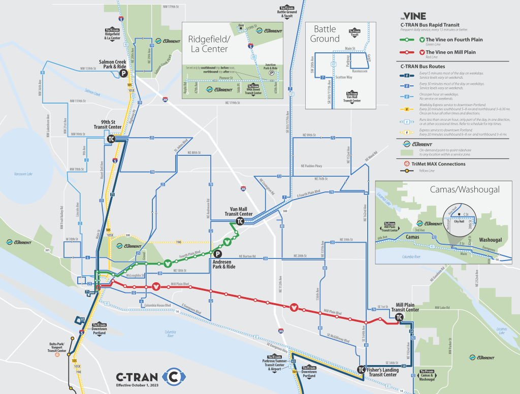 A map of the C-Tran transit system
